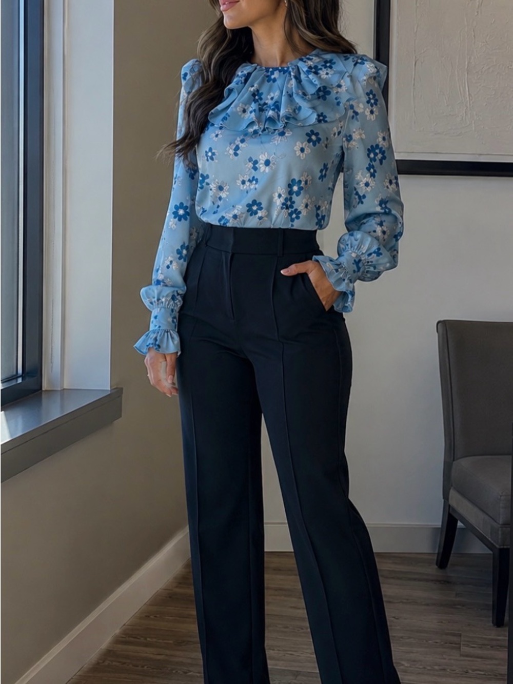 Ruffled Floral-Print Blouse in Light Blue